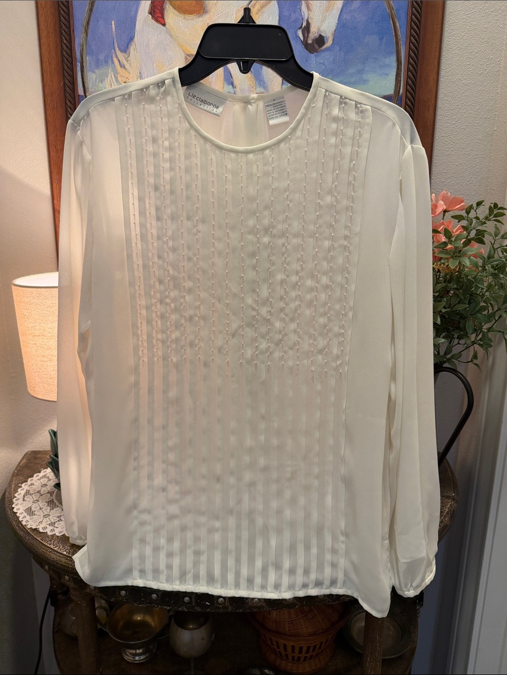 Liz Claiborne Collection Ivory Pleated Front Long-Sleeve Blouse